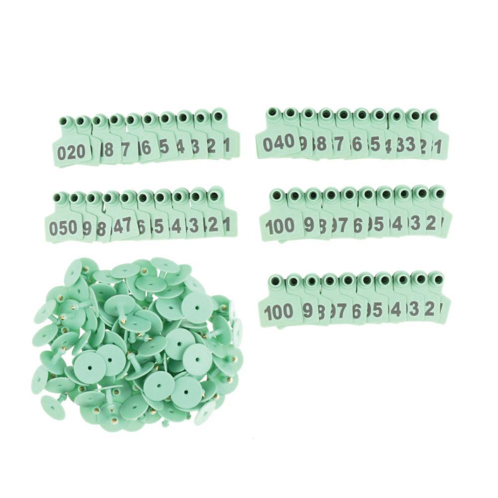 A set of medium green cattle ear tags numbered from 001 to 100, designed for easy identification of livestock.