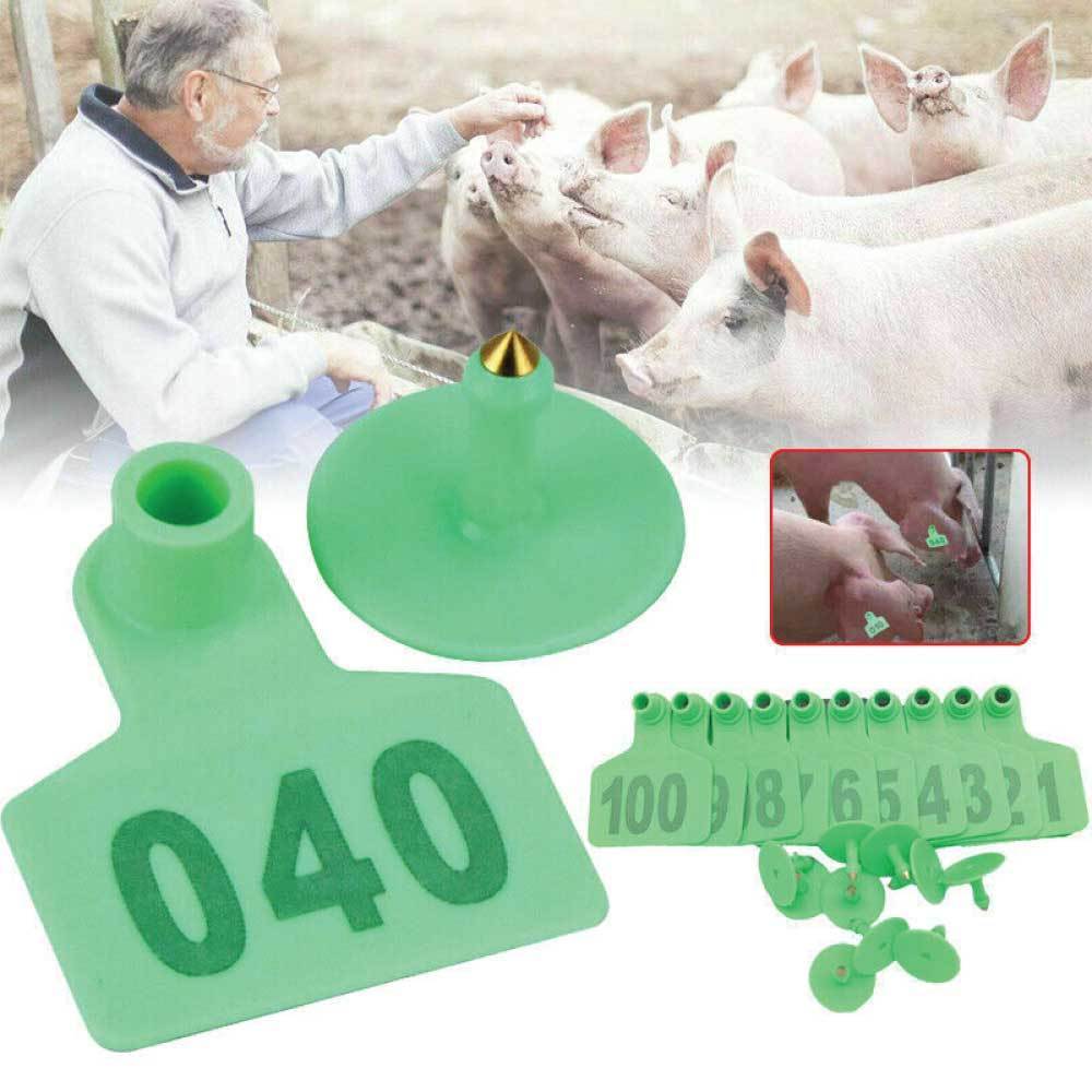 A set of medium green cattle ear tags numbered from 001 to 100, designed for easy identification of livestock.