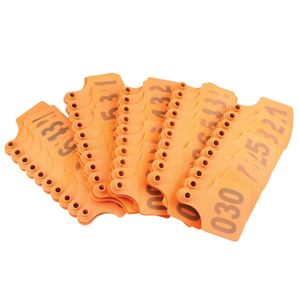 A set of medium orange cattle ear tags numbered from 001 to 100, designed for easy identification of livestock such as cows and sheep.