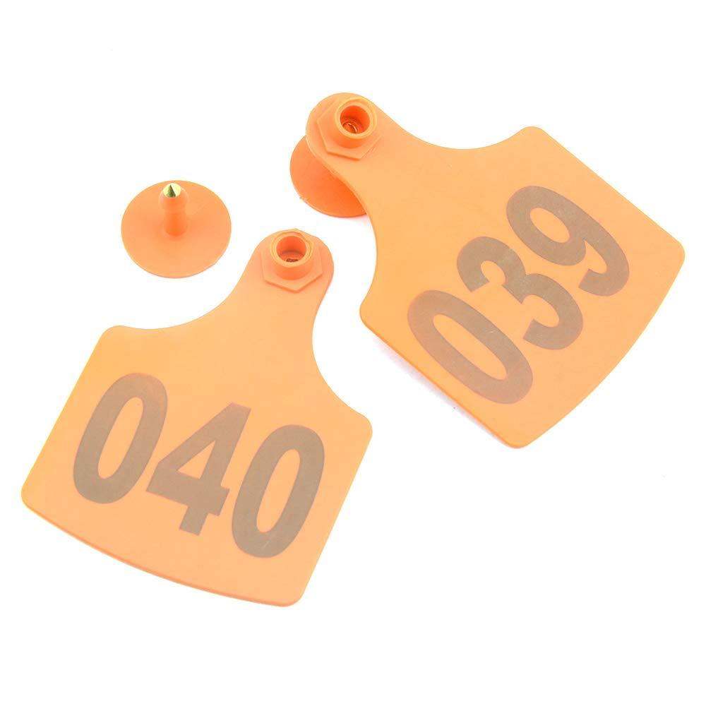 A set of medium orange cattle ear tags numbered from 001 to 100, designed for easy identification of livestock such as cows and sheep.