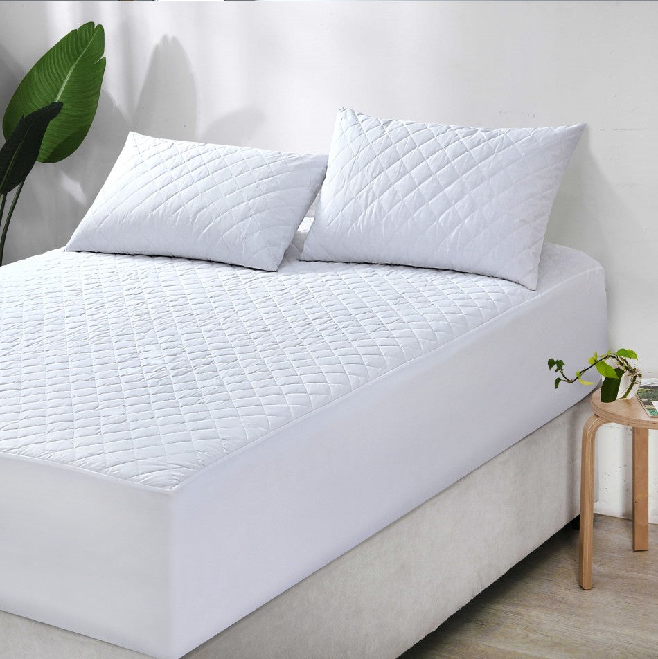 100% Cotton Quilted Fully Fitted King Single Size Waterproof Mattress Protector with a soft cotton surface and fitted skirt.