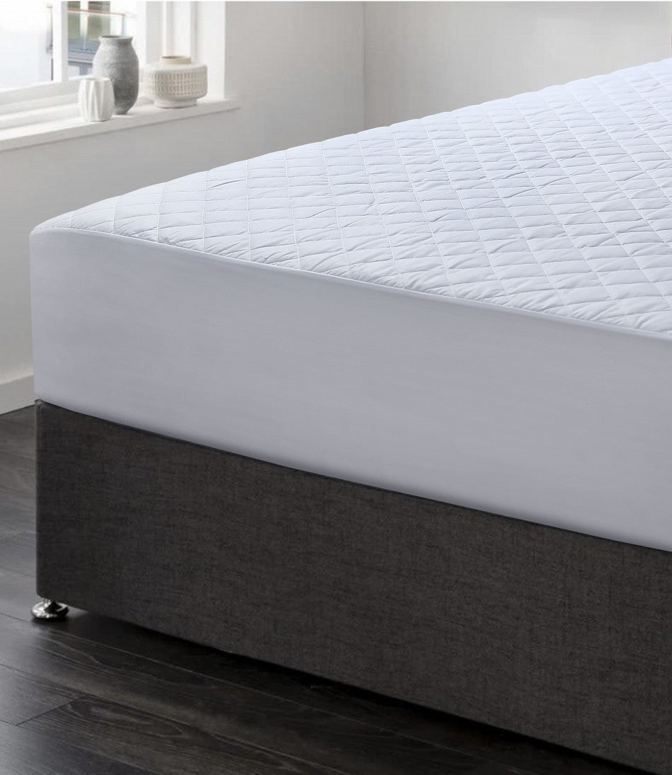 100% Cotton Quilted Fully Fitted King Single Size Waterproof Mattress Protector with a soft cotton surface and fitted skirt.