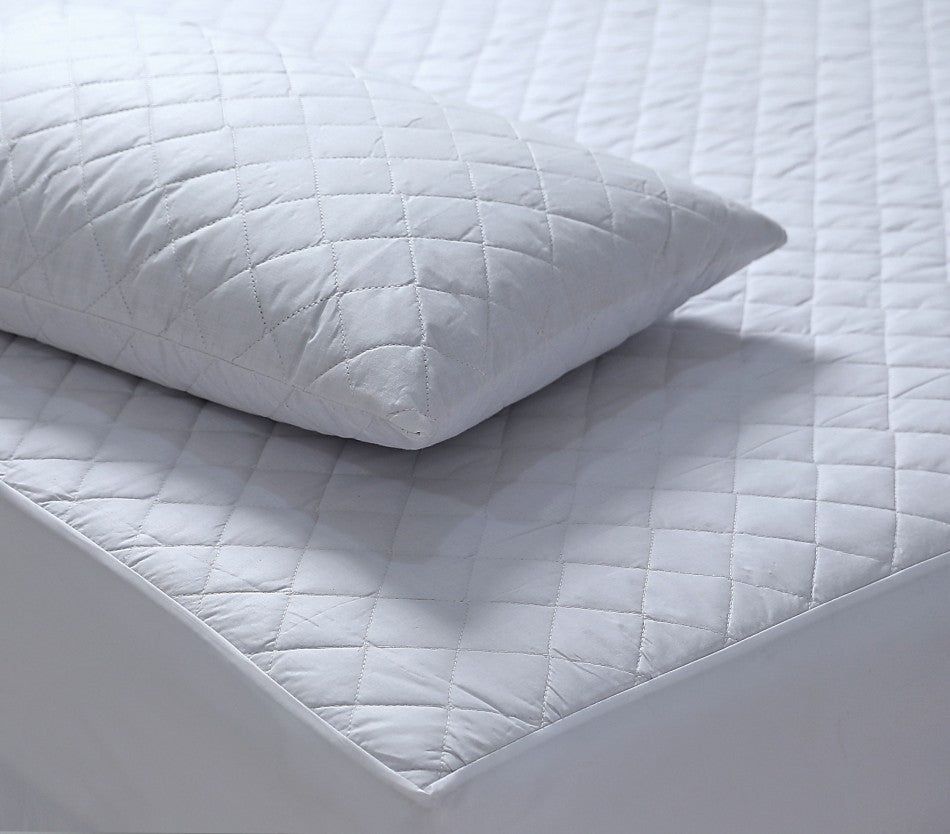 100% Cotton Quilted Fully Fitted King Single Size Waterproof Mattress Protector with a soft cotton surface and fitted skirt.