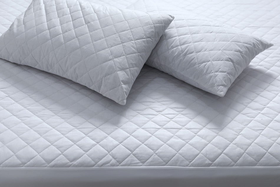 100% Cotton Quilted Fully Fitted King Single Size Waterproof Mattress Protector with a soft cotton surface and fitted skirt.