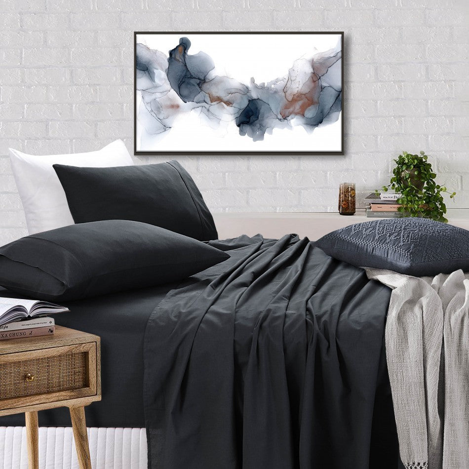 100% Egyptian Cotton Vintage Washed 500TC Charcoal Queen Bed Sheets set featuring fitted sheet, flat sheet, and two pillowcases.