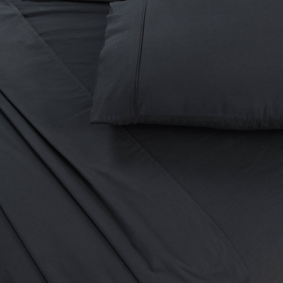 100% Egyptian Cotton Vintage Washed 500TC Charcoal Queen Bed Sheets set featuring fitted sheet, flat sheet, and two pillowcases.