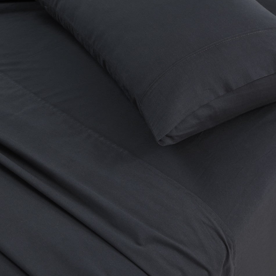 100% Egyptian Cotton Vintage Washed 500TC Charcoal Queen Bed Sheets set featuring fitted sheet, flat sheet, and two pillowcases.