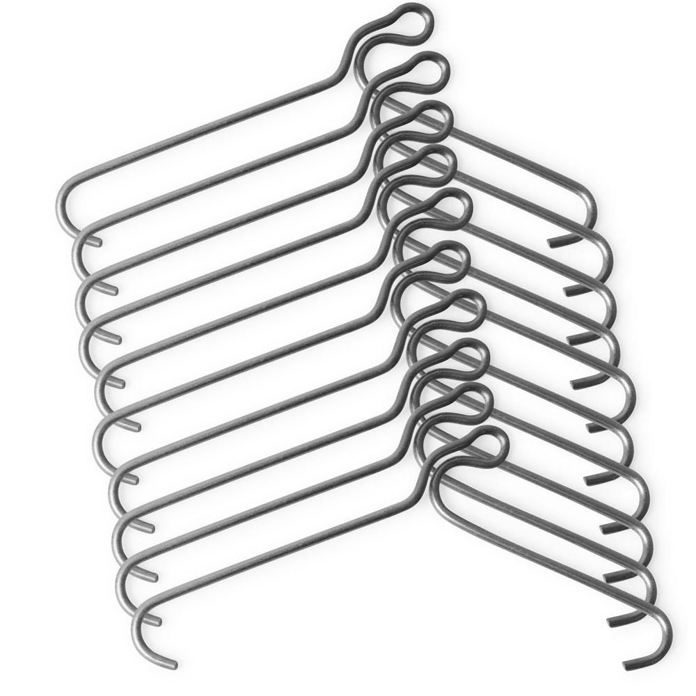 A pack of 10 stainless steel 70mm Brick Crab hooks designed for hanging items on brick walls without damage.