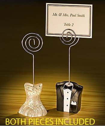 10 Pack of Bride and Groom Wedding Name Card Place Stands, featuring elegant dress and tuxedo designs.