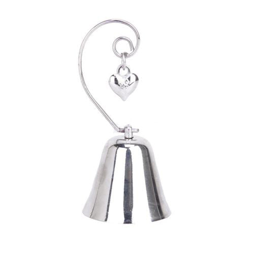 A set of 10 silver wedding kissing bells with heart name card holders, elegantly designed for table decorations.