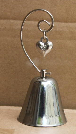 A set of 10 silver wedding kissing bells with heart name card holders, elegantly designed for table decorations.