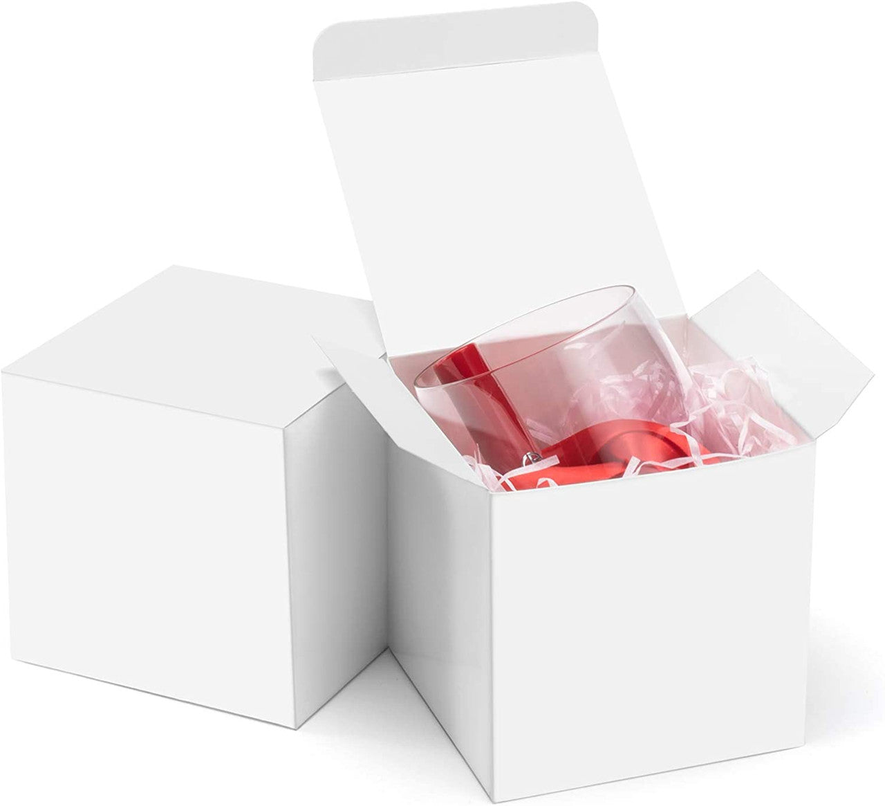 A pack of 10 white square cube gift boxes, each measuring 5x5x8cm, ideal for weddings and events.