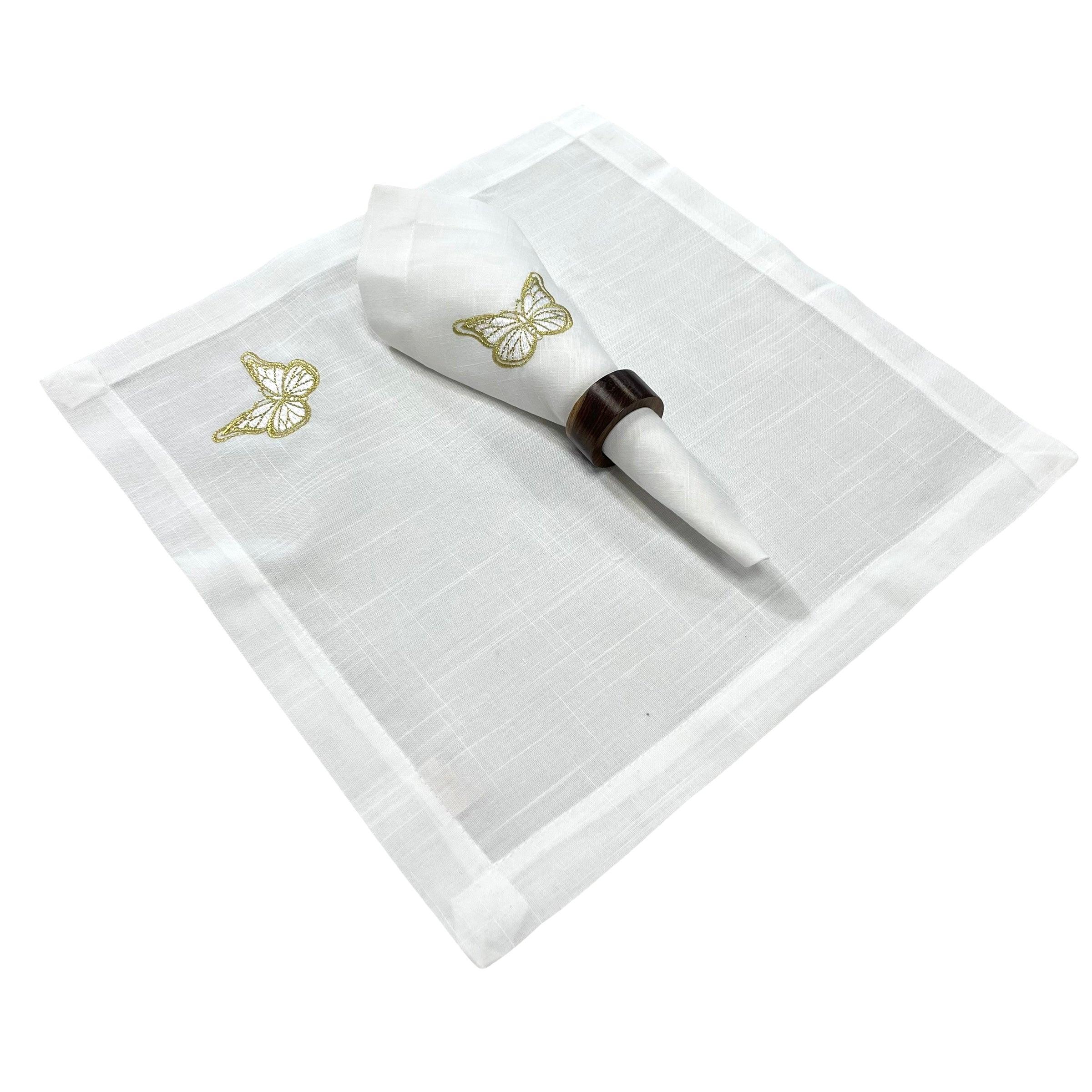 A set of 10 white linen napkins featuring elegant gold butterfly designs, measuring 18 x 18 inches, perfect for upscale dining occasions.