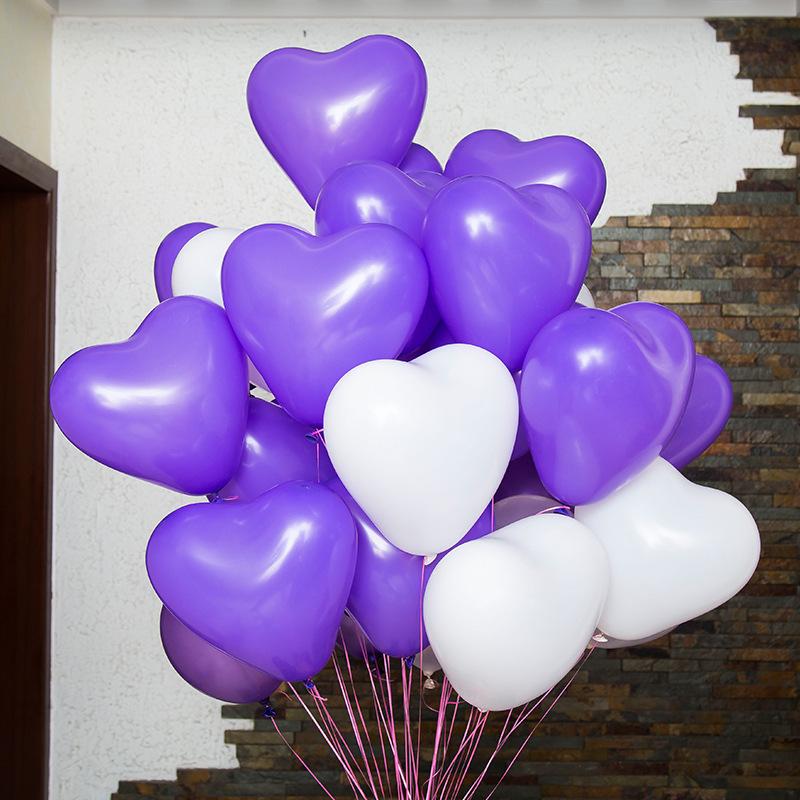 A collection of 12-inch heart-shaped latex balloons in purple and white, ideal for wedding decorations and celebrations.