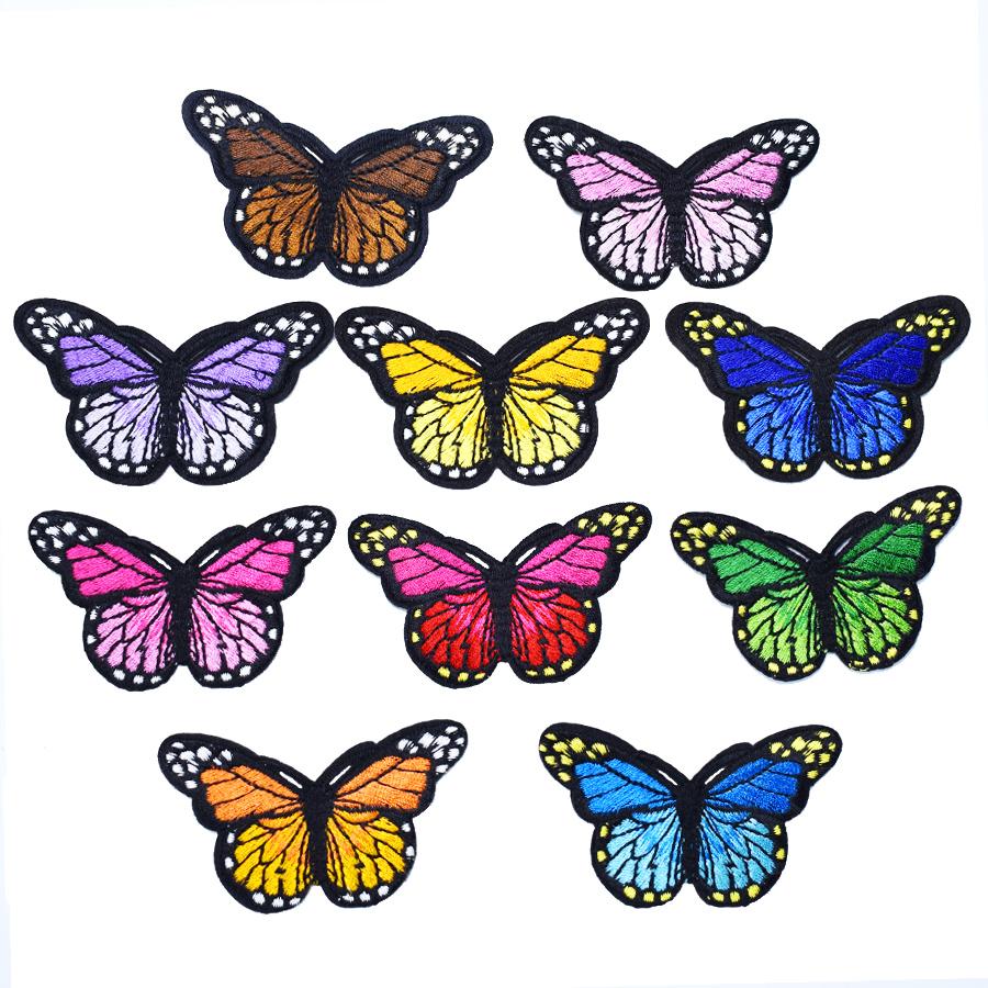 Colorful butterfly stripe patches for kids' clothing, featuring vibrant embroidery and available in two sizes.