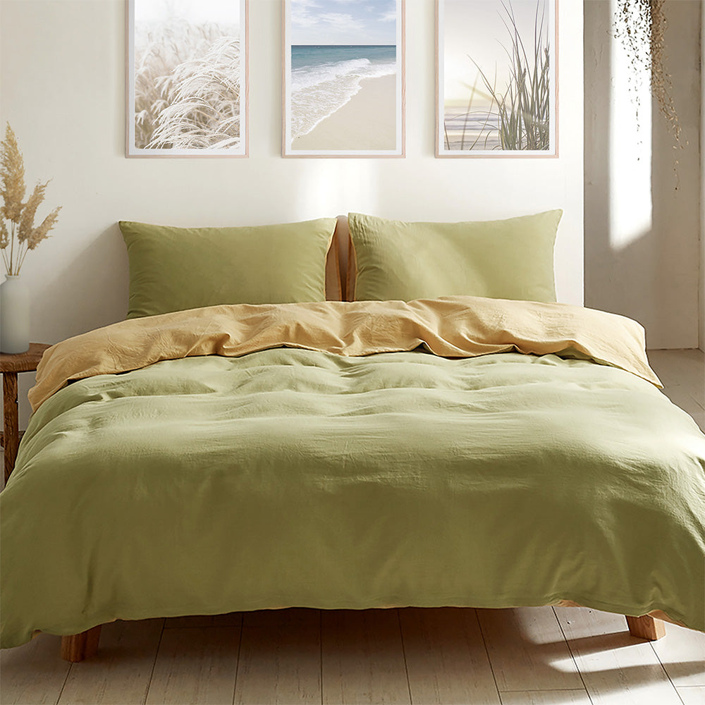 100% cotton quilt cover set in yellow lime color, featuring a textured design and two matching pillow cases, perfect for a cozy bedroom.