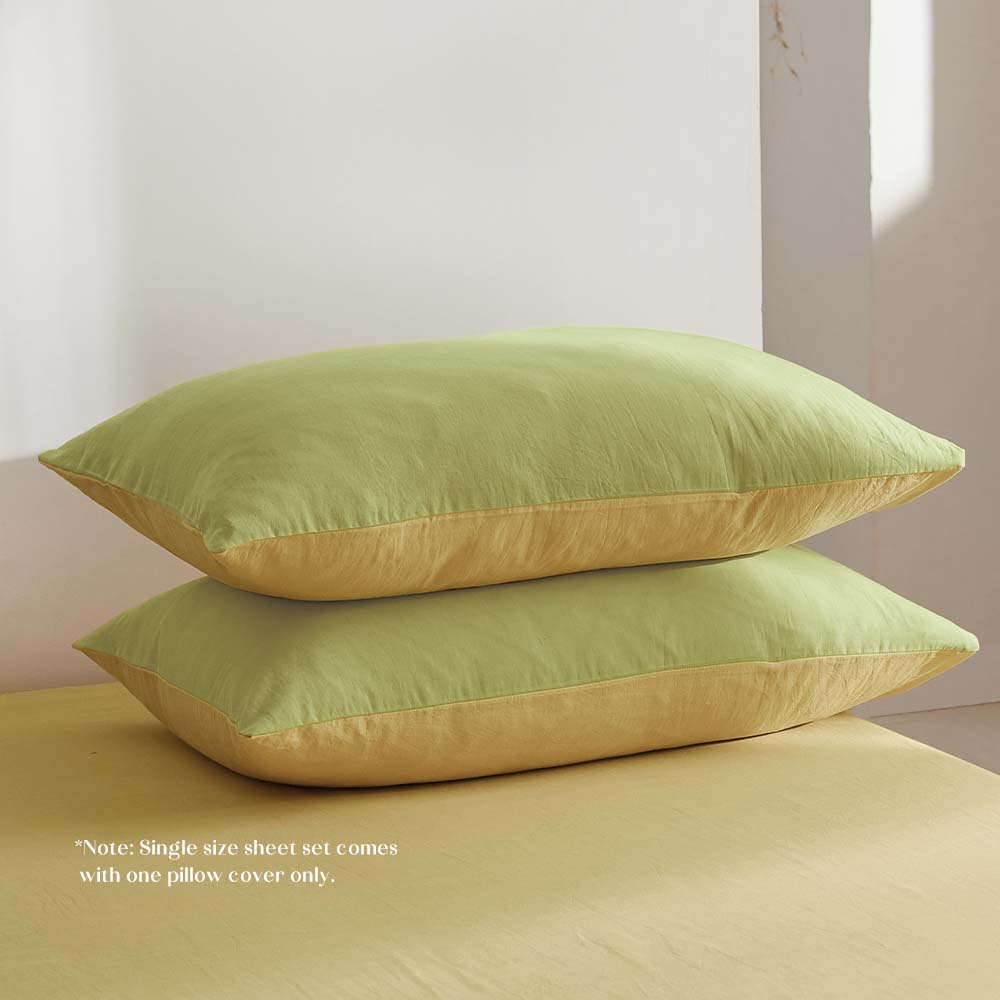 100% cotton quilt cover set in yellow lime color, featuring a textured design and two matching pillow cases, perfect for a cozy bedroom.