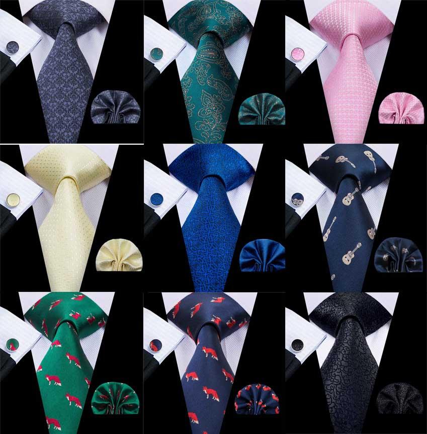 A collection of 10 stylish 8.5cm silk ties for men, showcasing various patterns and colors, accompanied by matching silk hankies and cufflinks.