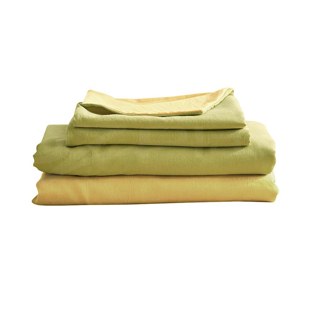 100% washed cotton bed sheet set in yellow, featuring a flat sheet, fitted sheet, and two pillow cases, showcasing a soft and breathable texture.