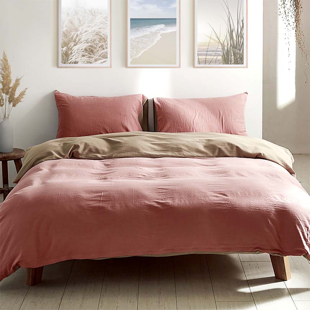 100% washed cotton quilt set in pink and brown, featuring a textured design and lightweight fabric, perfect for cozy bedroom decor.