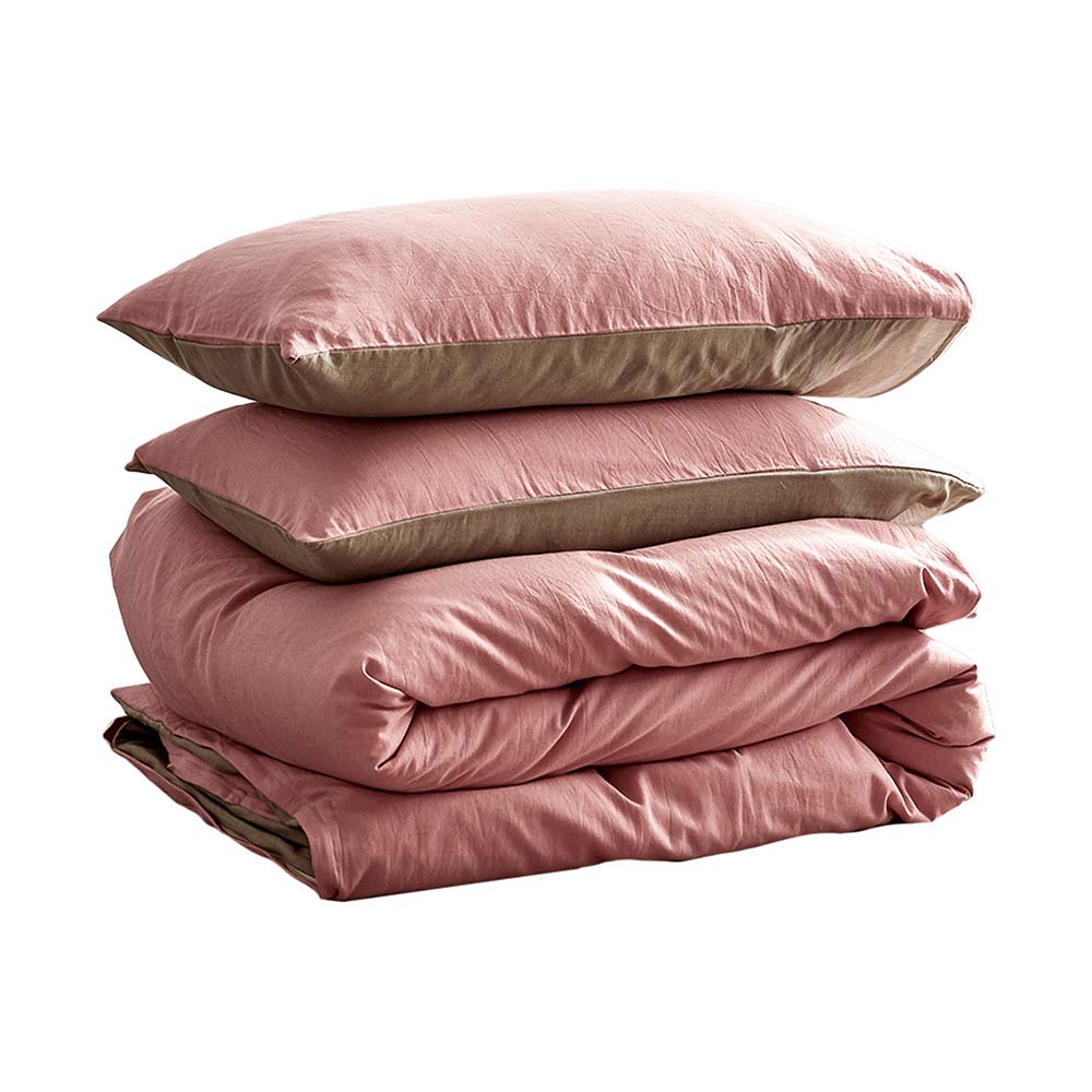 100% washed cotton quilt set in pink and brown, featuring a textured design and lightweight fabric, perfect for cozy bedroom decor.