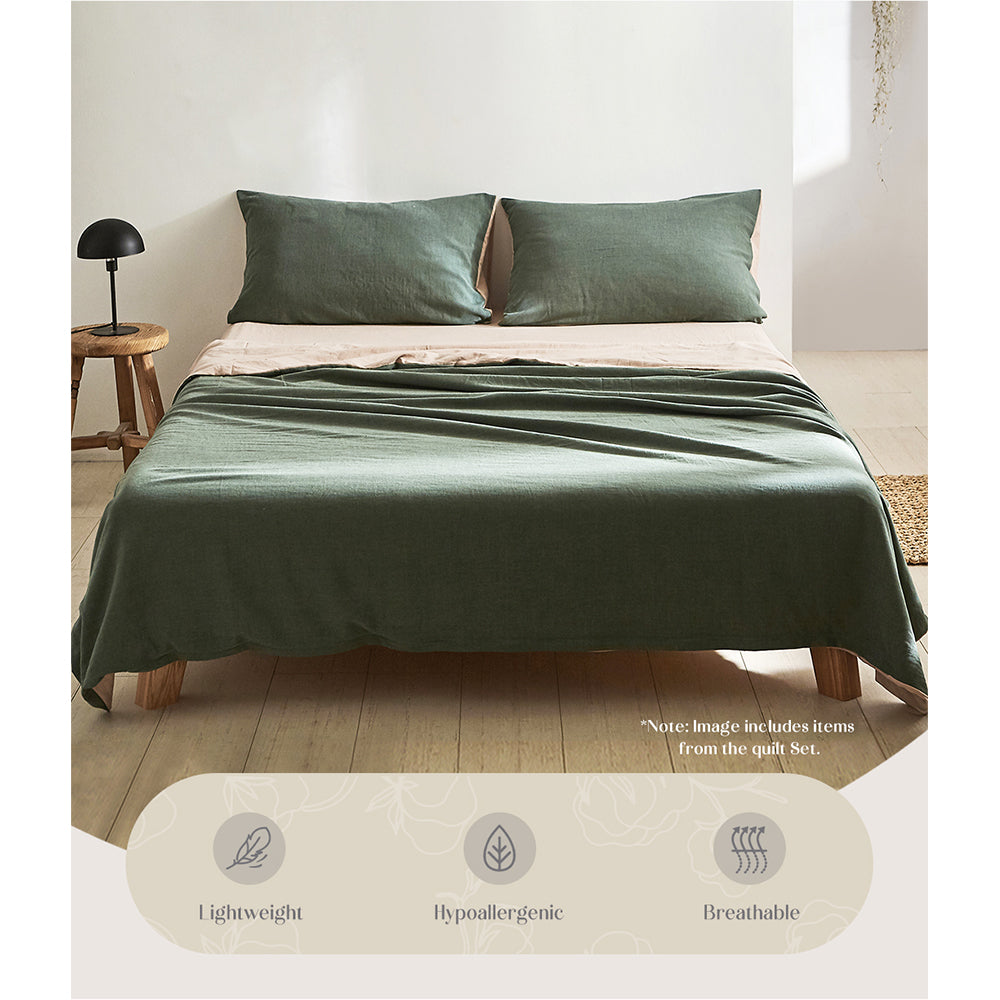 Cosy Club 100% Washed Cotton Sheet Set in Green Beige, featuring a soft texture and elegant two-tone design, perfect for double beds.