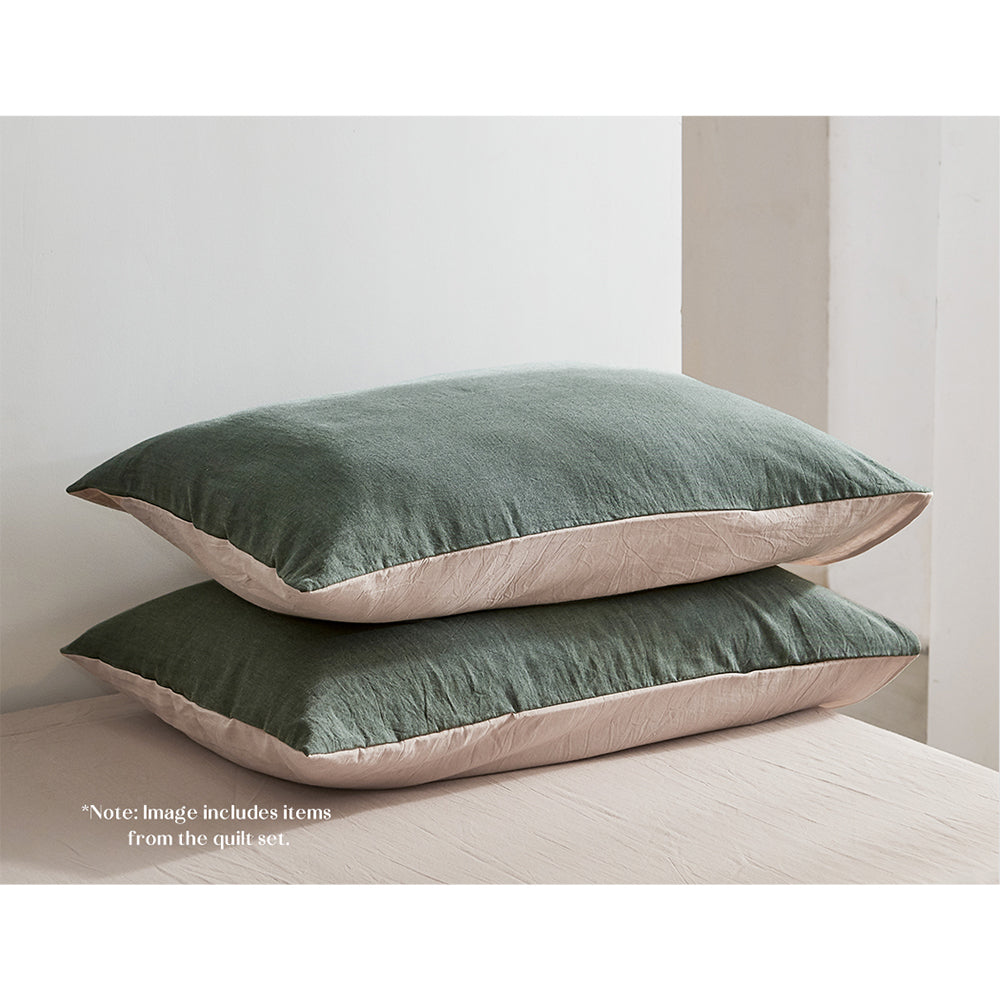 Cosy Club 100% Washed Cotton Sheet Set in Green Beige, featuring a soft texture and elegant two-tone design, perfect for double beds.