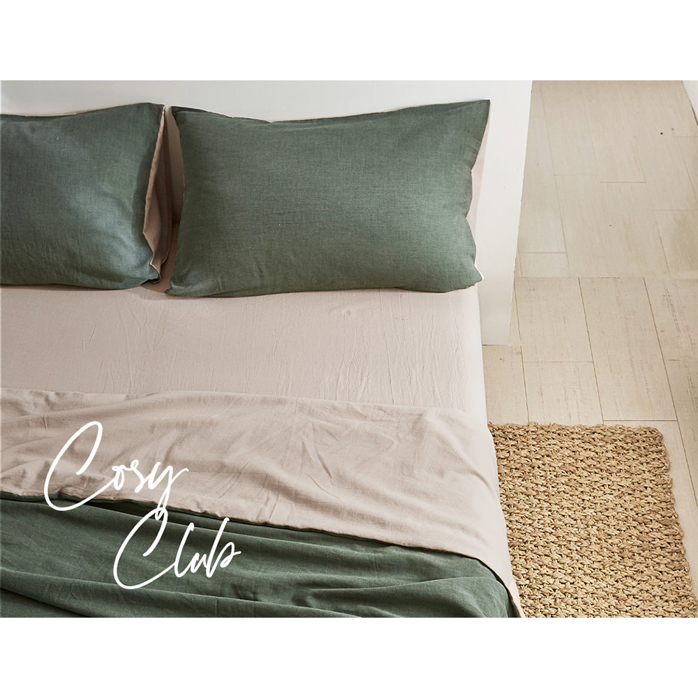 Cosy Club 100% Washed Cotton Sheet Set in Green Beige, featuring a soft texture and elegant two-tone design, perfect for double beds.