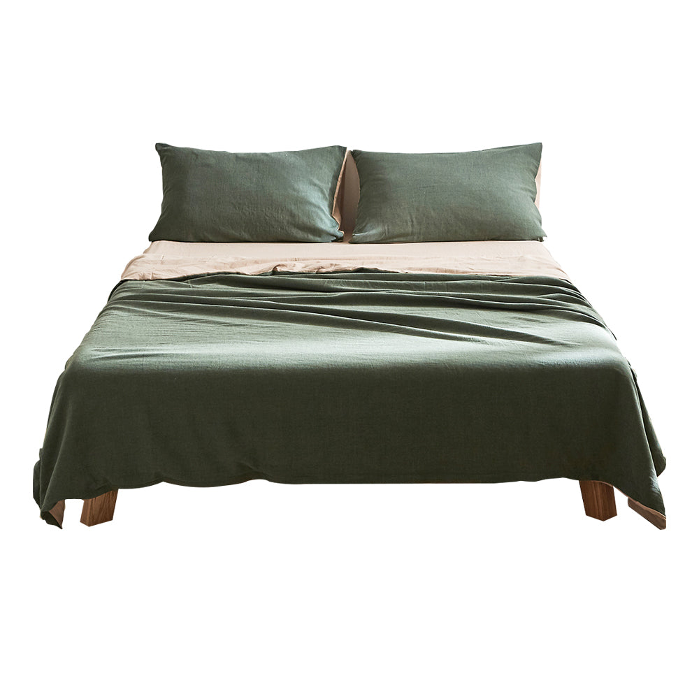 Cosy Club 100% Washed Cotton Sheet Set in Green Beige, featuring a soft texture and elegant two-tone design, perfect for double beds.