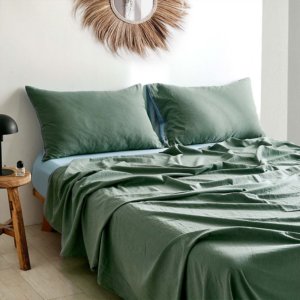 100% Washed Cotton Sheet Set in Green Blue, featuring a soft texture and stylish design, perfect for year-round comfort.