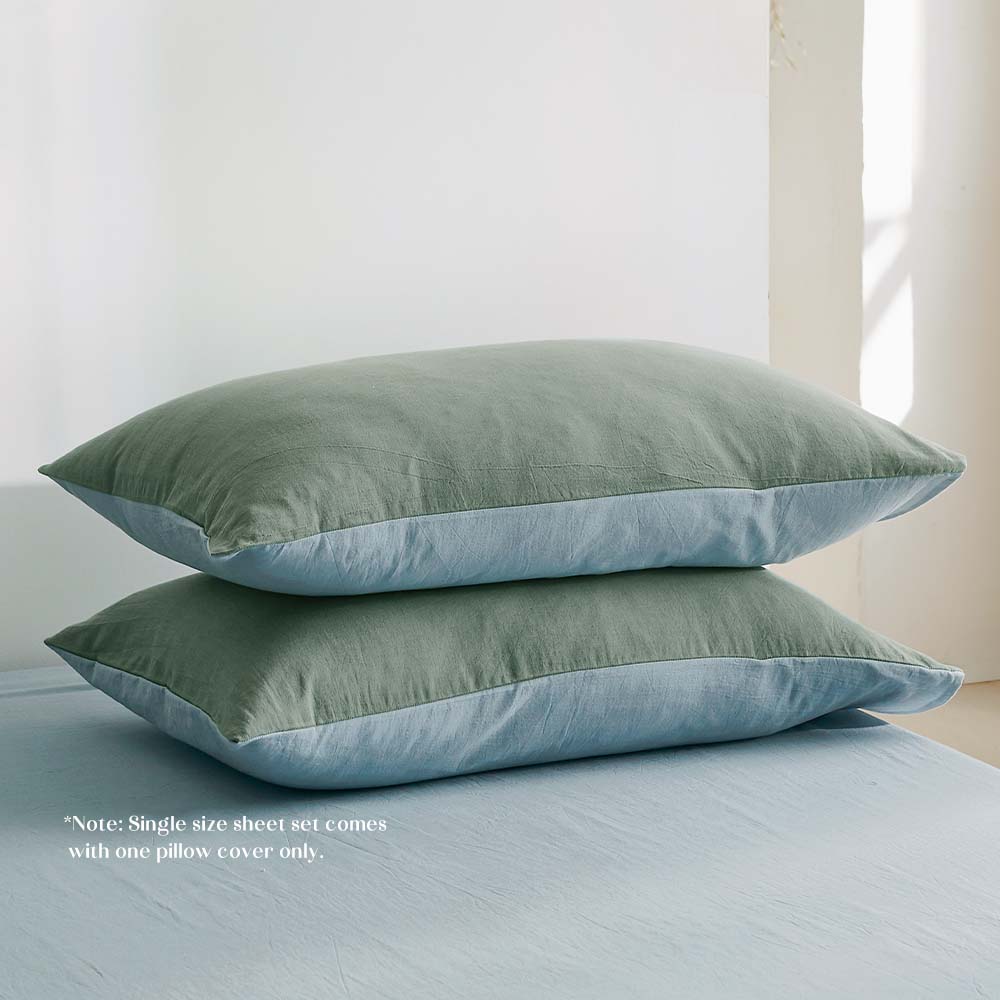 100% Washed Cotton Sheet Set in Green Blue, featuring a soft texture and stylish design, perfect for year-round comfort.