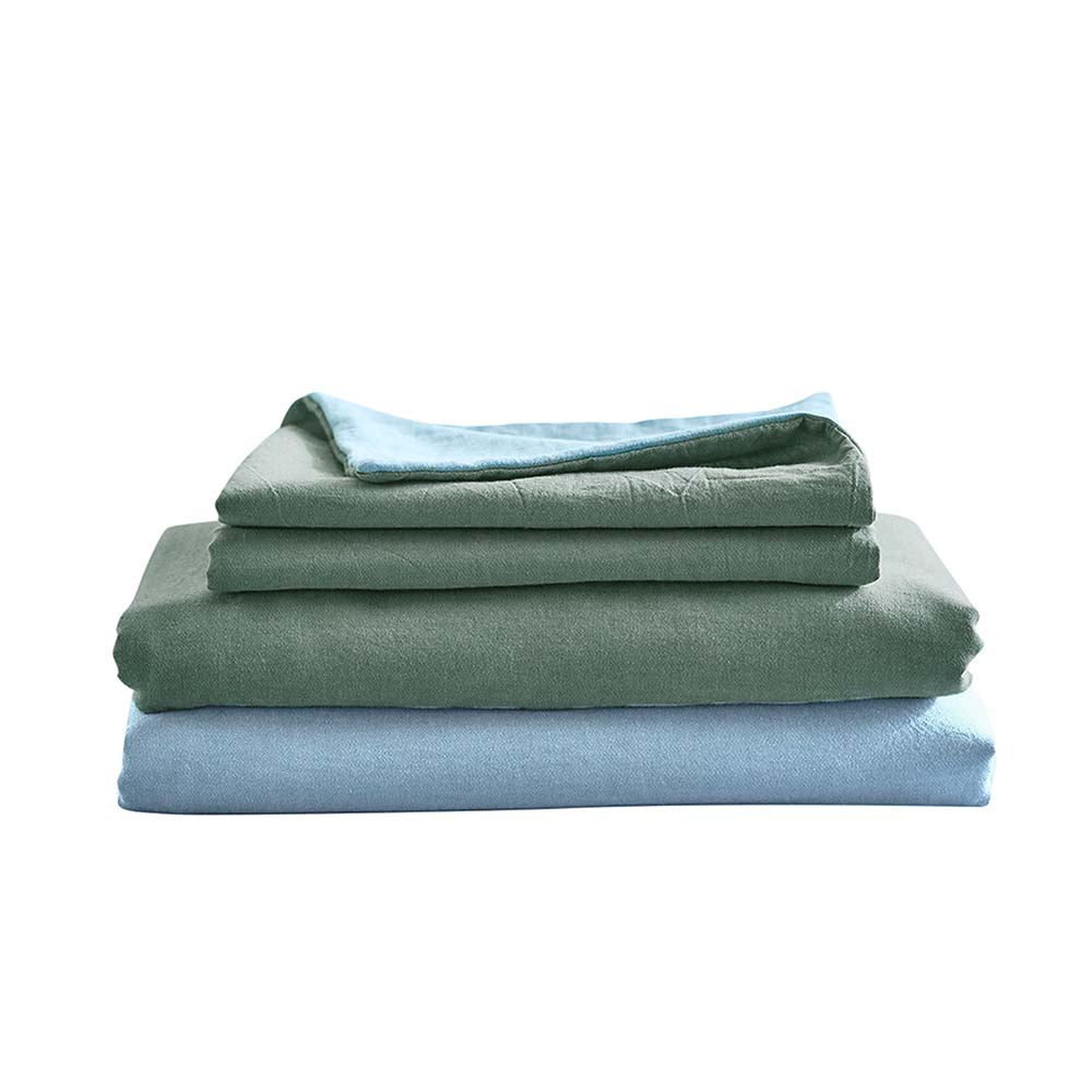 100% Washed Cotton Sheet Set in Green Blue, featuring a soft texture and stylish design, perfect for year-round comfort.