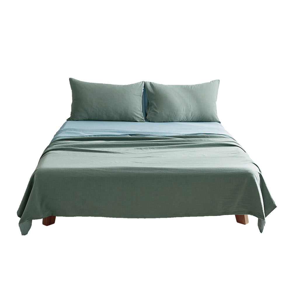 100% Washed Cotton Sheet Set in Green Blue, featuring a soft texture and stylish design, perfect for year-round comfort.