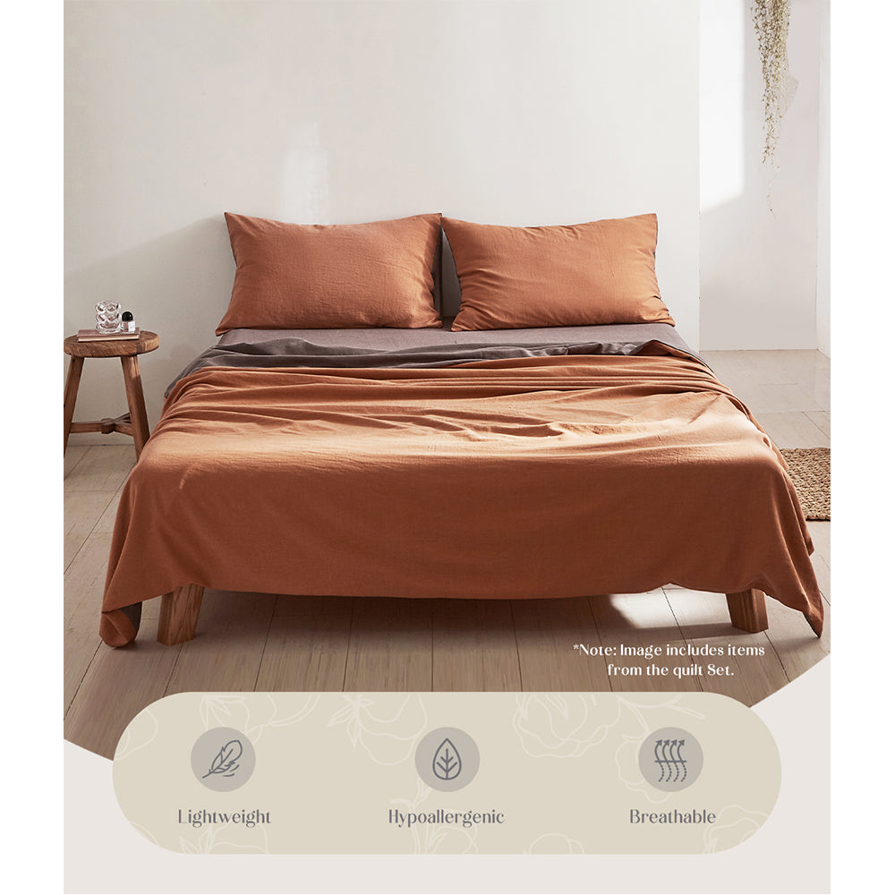 Cosy Club 100% Washed Cotton Sheet Set in Orange Brown, featuring a soft texture and stylish two-tone design, perfect for king-sized beds.