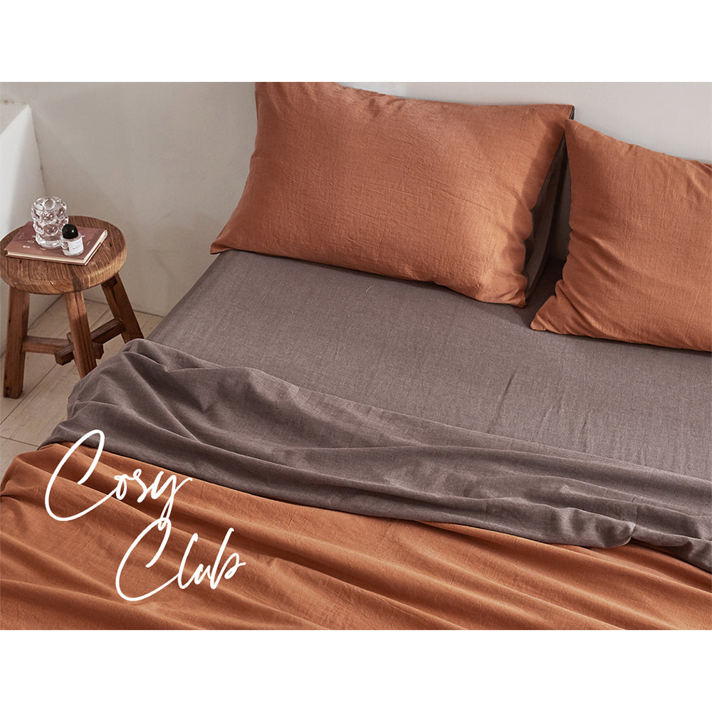 Cosy Club 100% Washed Cotton Sheet Set in Orange Brown, featuring a soft texture and stylish two-tone design, perfect for king-sized beds.