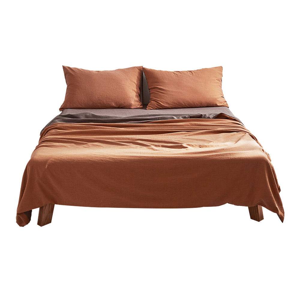 Cosy Club 100% Washed Cotton Sheet Set in Orange Brown, featuring a soft texture and stylish two-tone design, perfect for king-sized beds.