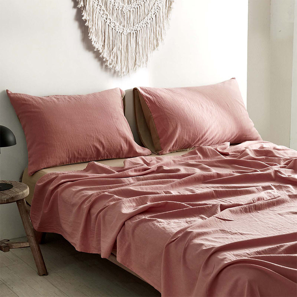 Cosy Club 100% Washed Cotton Sheet Set in Pink and Brown, featuring a soft texture and stylish design, perfect for queen-sized beds.