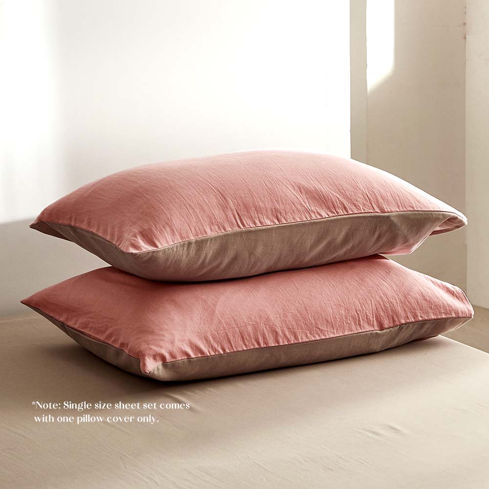 Cosy Club 100% Washed Cotton Sheet Set in Pink and Brown, featuring a soft texture and stylish design, perfect for queen-sized beds.