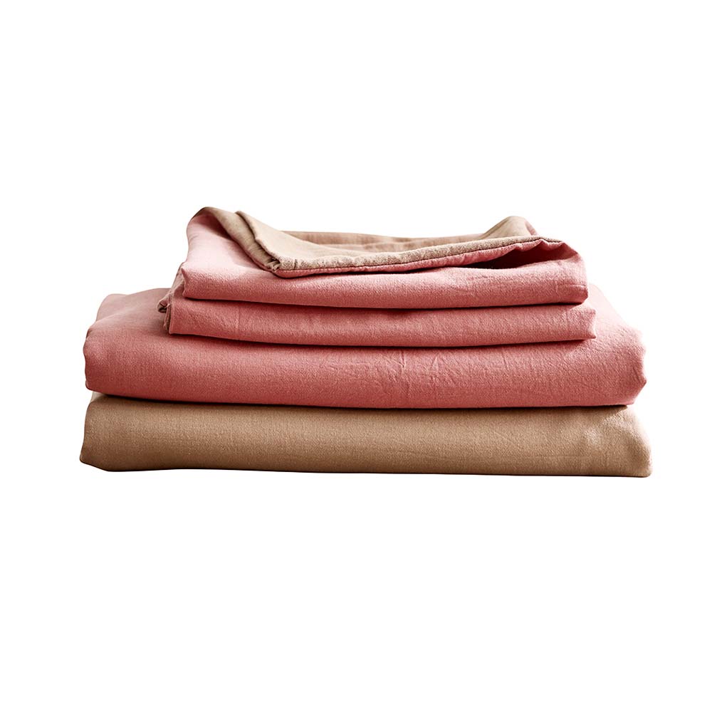 Cosy Club 100% Washed Cotton Sheet Set in Pink and Brown, featuring a soft texture and stylish design, perfect for queen-sized beds.