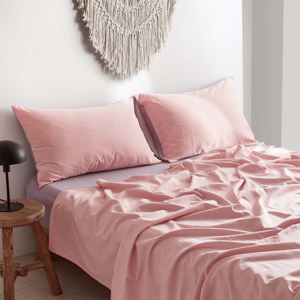 Cosy Club 100% Washed Cotton Sheet Set in Pink Purple, featuring a soft texture and elegant design, perfect for queen-sized beds.