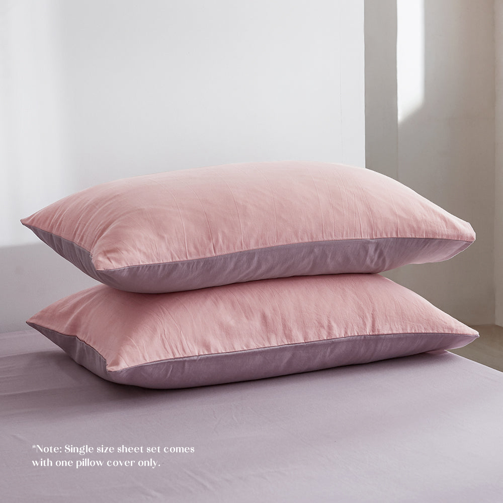 Cosy Club 100% Washed Cotton Sheet Set in Pink Purple, featuring a soft texture and elegant design, perfect for queen-sized beds.