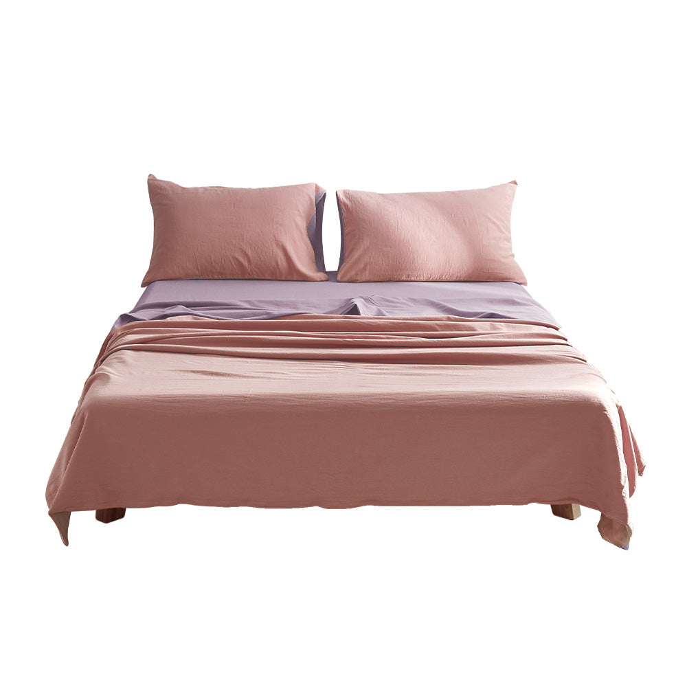 Cosy Club 100% Washed Cotton Sheet Set in Pink Purple, featuring a soft texture and elegant design, perfect for queen-sized beds.