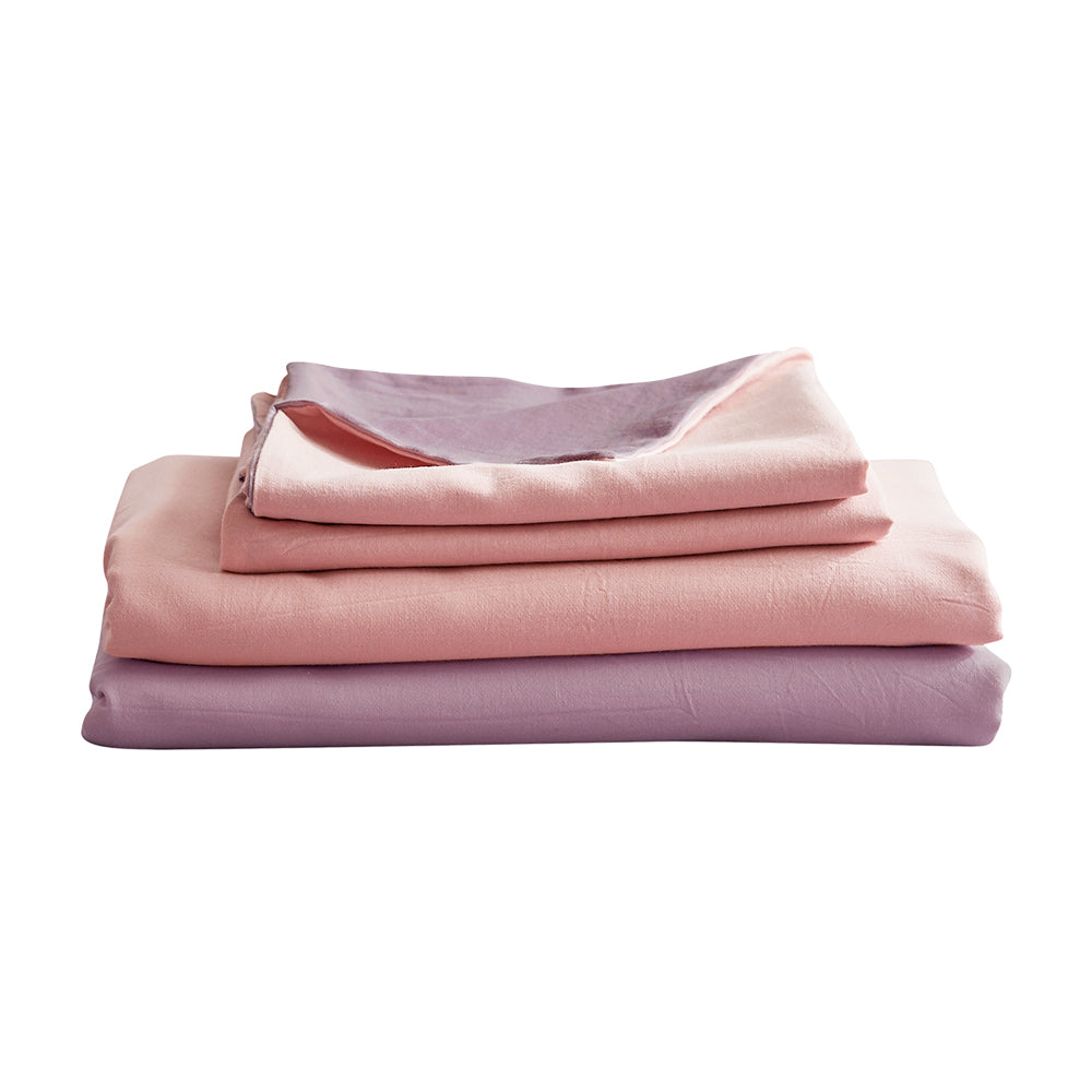 Cosy Club 100% Washed Cotton Sheet Set in Pink Purple, featuring a soft texture and elegant design, perfect for queen-sized beds.