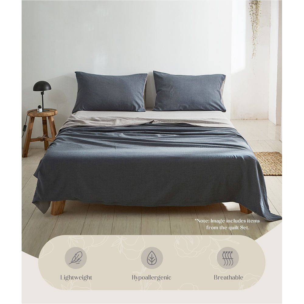 Cosy Club 100% Washed Cotton Sheet Set in Blue Dark Grey, featuring a soft texture and elegant two-tone design, perfect for queen-sized beds.