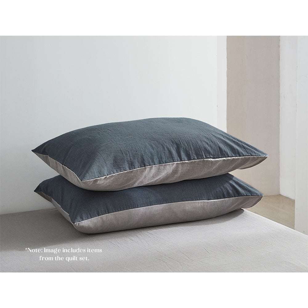 Cosy Club 100% Washed Cotton Sheet Set in Blue Dark Grey, featuring a soft texture and elegant two-tone design, perfect for queen-sized beds.