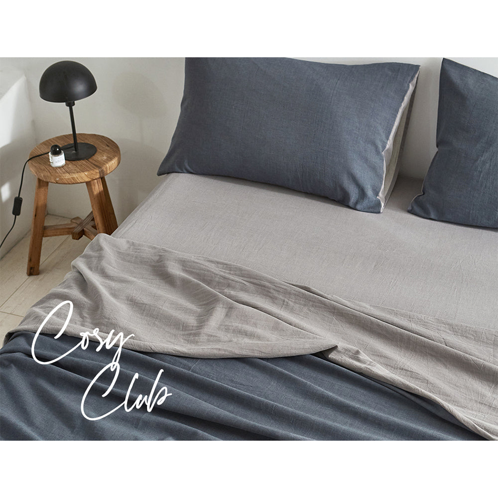 Cosy Club 100% Washed Cotton Sheet Set in Blue Dark Grey, featuring a soft texture and elegant two-tone design, perfect for queen-sized beds.