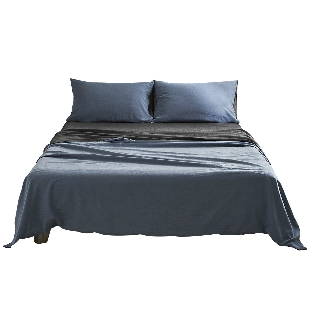 Cosy Club 100% Washed Cotton Sheet Set in Blue Dark Grey, featuring a soft texture and elegant two-tone design, perfect for queen-sized beds.