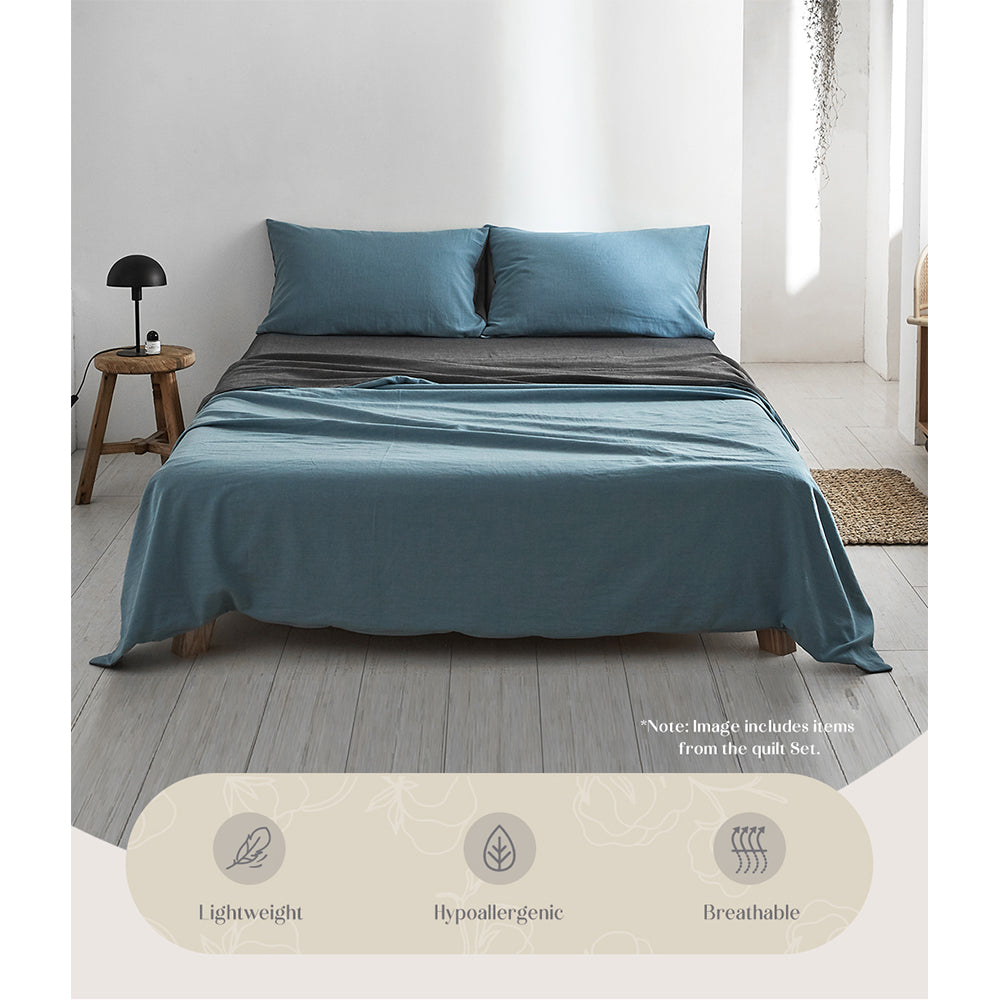 100% washed cotton sheet set in blue, featuring a flat sheet, fitted sheet, and two pillowcases, showcasing a soft and breathable texture.