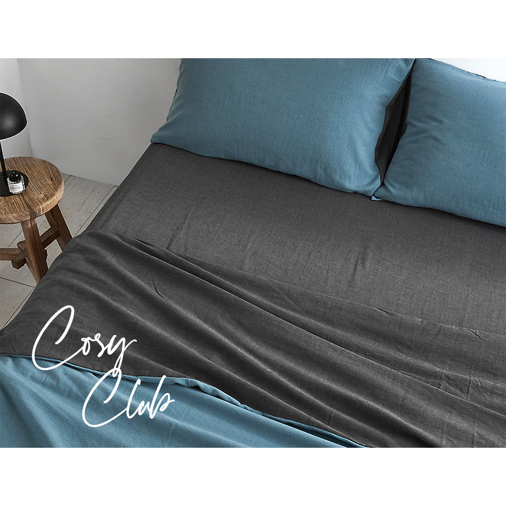 100% washed cotton sheet set in blue, featuring a flat sheet, fitted sheet, and two pillowcases, showcasing a soft and breathable texture.