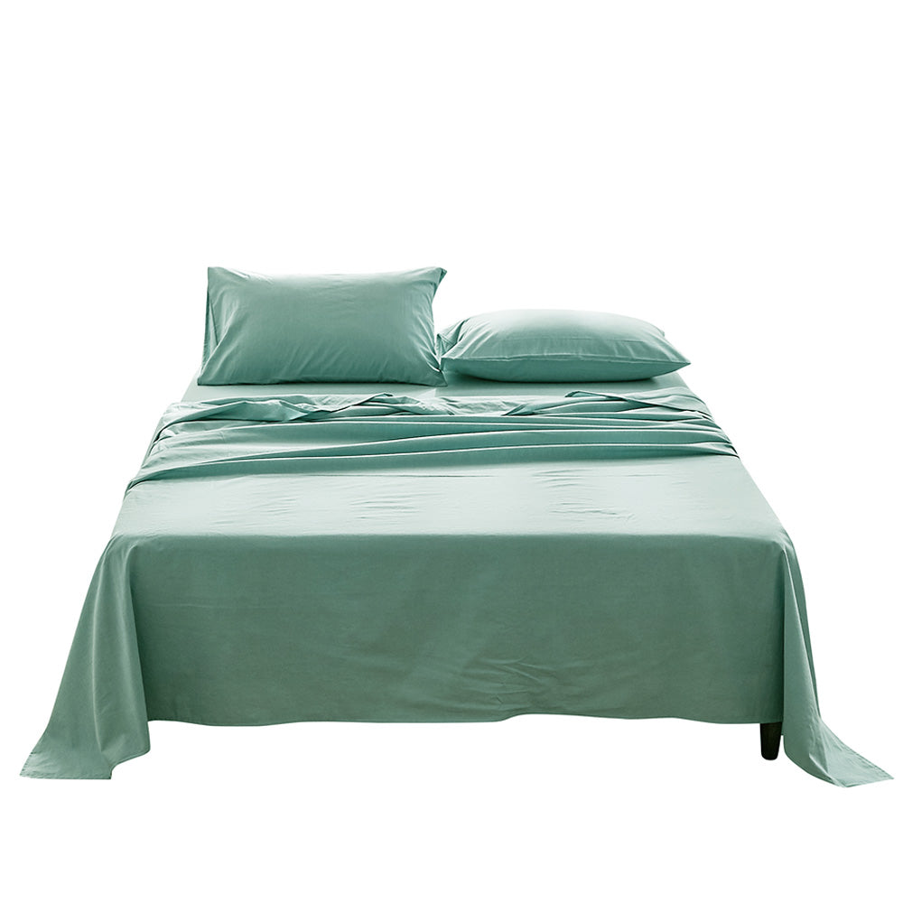 100% washed cotton sheet set in single green, featuring a soft texture and lightweight design, perfect for year-round comfort.